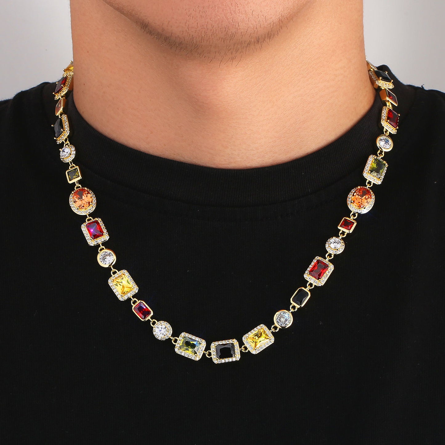 USA Stock Gorgeous Mixed Gemstone Tennis Chain 5A CZ Gem 18K Gold Plated Vintage Multi Colored Jewelry Necklace For Women Men