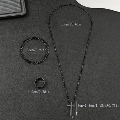 Men's Stainless Steel Cross Necklace & Ring Set