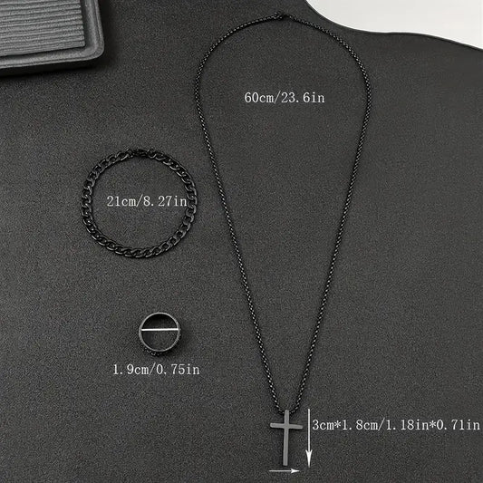 Men's Stainless Steel Cross Necklace & Ring Set