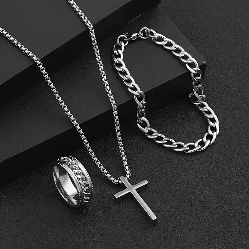 Men's Stainless Steel Cross Necklace & Ring Set