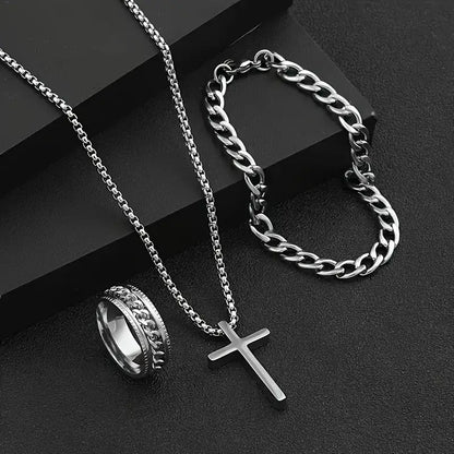 Men's Stainless Steel Cross Necklace & Ring Set