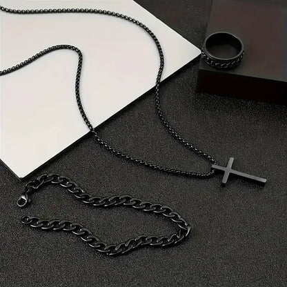 Men's Stainless Steel Cross Necklace & Ring Set