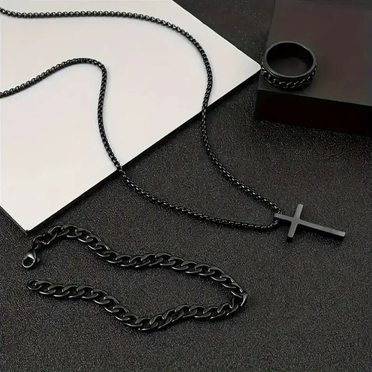 Men's Stainless Steel Cross Necklace & Ring Set