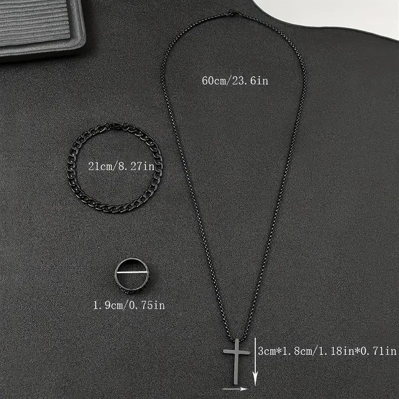 Men's Stainless Steel Cross Necklace & Ring Set